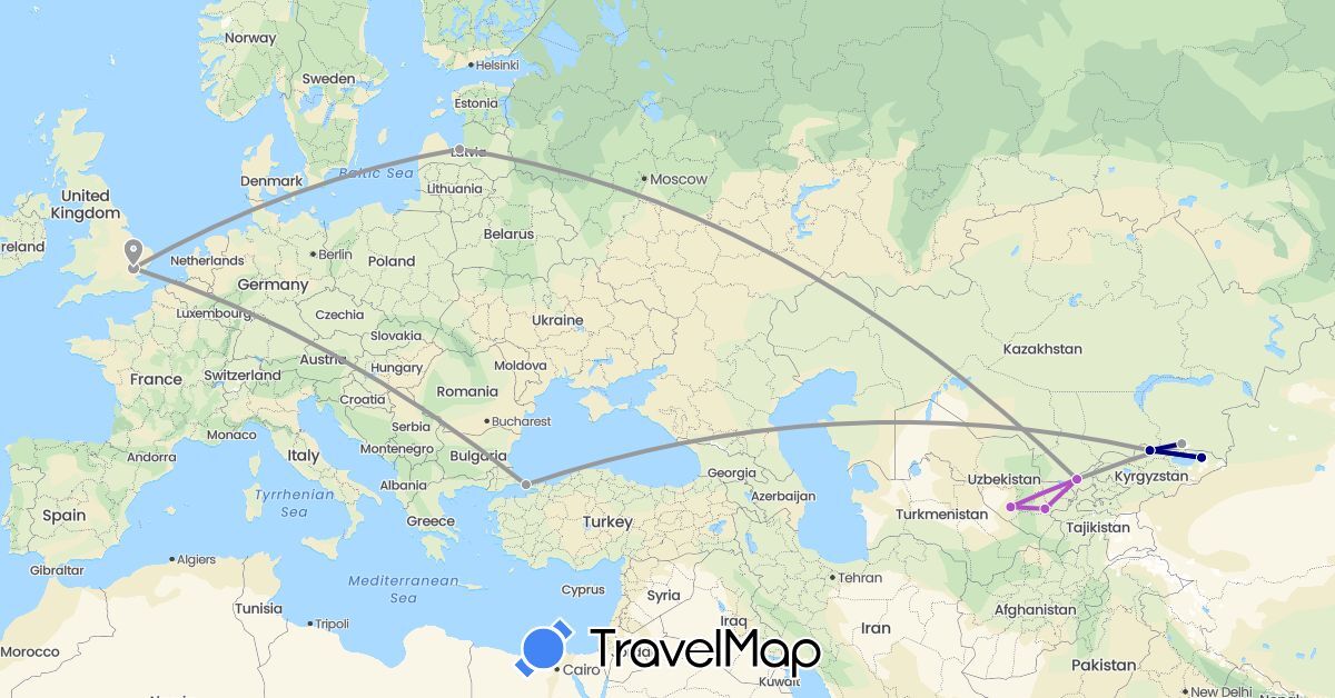 TravelMap itinerary: driving, plane, train in United Kingdom, Kyrgyzstan, Kazakhstan, Latvia, Turkey, Uzbekistan (Asia, Europe)